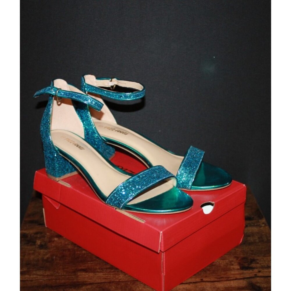 PIZZ ANNU Women's Size 9 Chunky Heels Sandals Open Toe Teal Blue Sequin